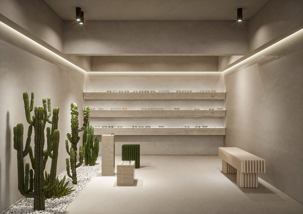 3D render van een interieur ontwerp voor een optiek. Dit concept bevat zeer minimalistische materialen als microtopping en planten in een neutrale kleur.