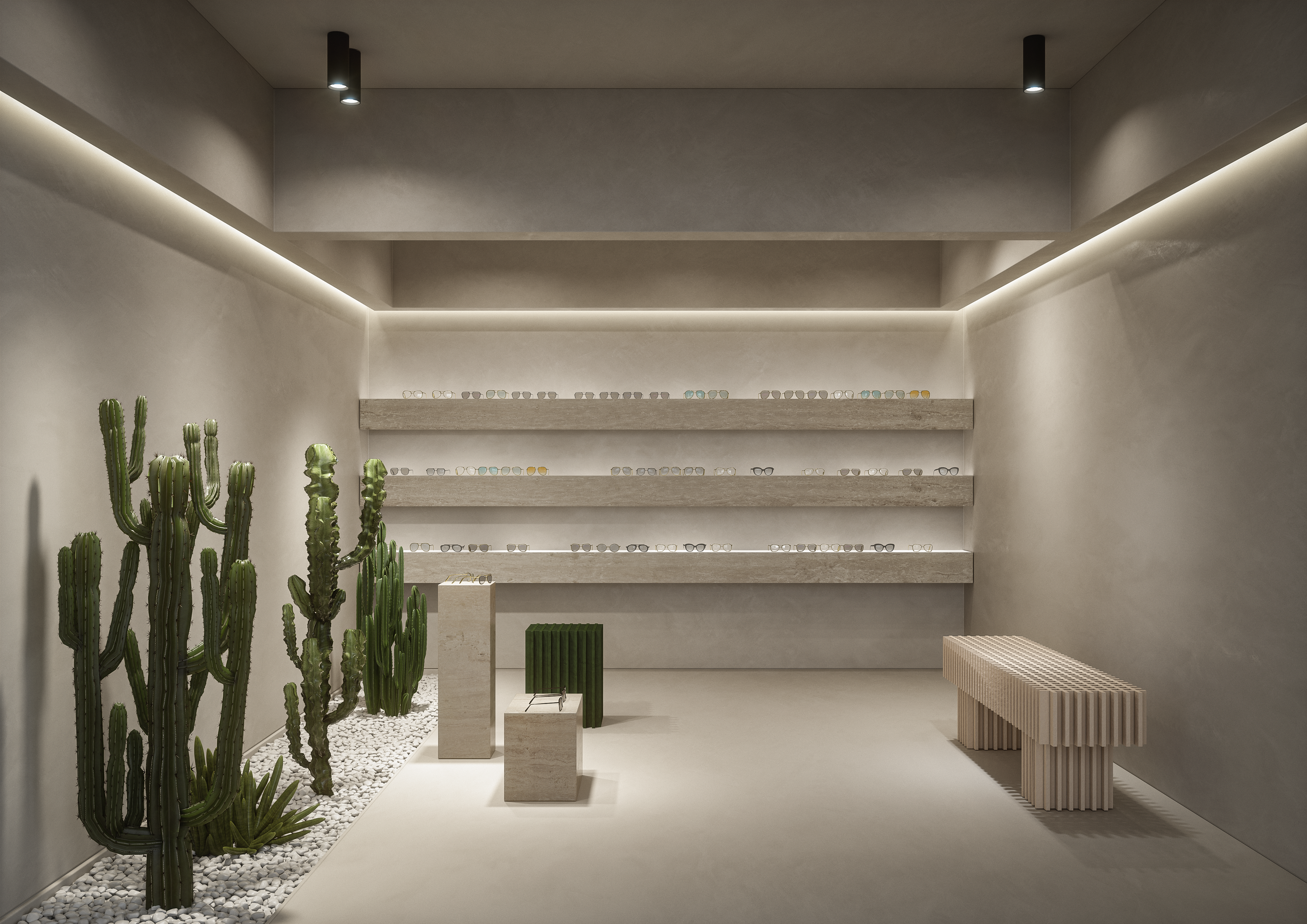3D render van een interieur ontwerp voor een optiek. Dit concept bevat zeer minimalistische materialen als microtopping en planten in een neutrale kleur.